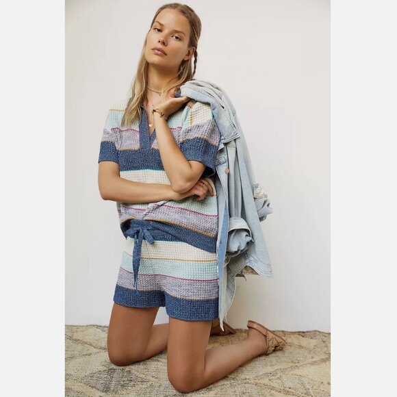 Anthropologie Knit Polo Top Nautical Boho Coastal Cowgirl Oversized Relaxed Fit - Picture 1 of 10